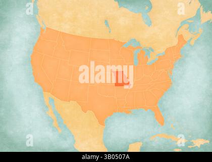 Missouri sulla mappa degli Stati Uniti d'America in morbido grunge e stile vintage, come carta vecchia con pittura ad acquerello. Foto Stock