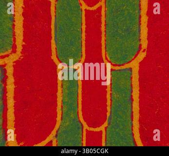I motivi colorati astratti presentano audaci linee rosse, verdi e gialle brillanti intrecciate in un design accattivante che crea una texture visivamente sorprendente. Un vivace design circolare con motivi alternati di forme rosse allungate su sfondo verde, creando un'estetica giocosa e accattivante. Arte classica con un tocco moderno reinventata da Artotop, decorazione egiziana trasformata, arte classica con un tocco moderno reinventata da Artotop Foto Stock