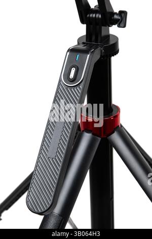 Treppiede regolabile con supporto per smartphone e telecomando Bluetooth Foto Stock