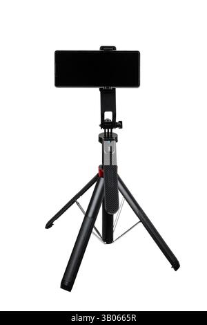 Configurazione del cavalletto con smartphone montato orizzontalmente, include testina regolabile e otturatore Bluetooth rimovibile per riprese o vlogging Foto Stock