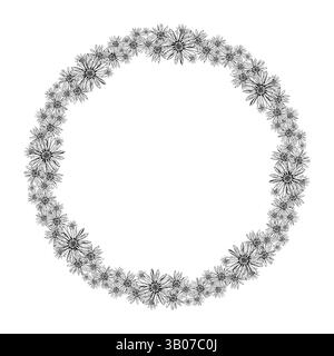 Corona botanica composta da fiori selvatici disegnati a mano. Illustrazione dettagliata in bianco e nero con camomilla, echinacea e fiori simili all'arnica. Ideale Illustrazione Vettoriale