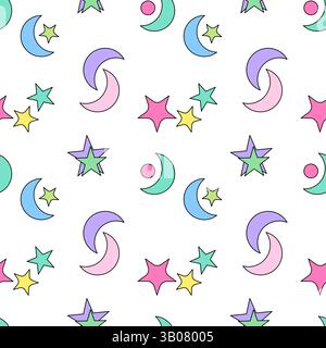 Allegro motivo senza cuciture con stelle, lune a mezzaluna e cerchi su sfondo bianco. Cielo stellato del cartone animato. Sfondo astratto. Perfetto per il nur Illustrazione Vettoriale