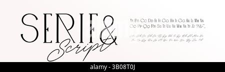 Elegante carattere Serif script moderno, coppia alfabetica per lettere di matrimonio. Branding alla moda, calligrafia di lusso, logo esclusivo, invito alla moda Illustrazione Vettoriale