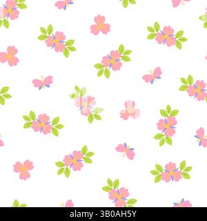 Fiori rosa, farfalle in ordine casuale motivo senza cuciture, semplice ornamento floreale ripetuto, illustrazione vettoriale disegnata a mano per tessuti, tessuti, pa regalo Illustrazione Vettoriale