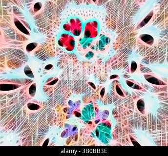 Un'intricata rete di forme vivaci e brillanti si intreccia con forme organiche, creando un affascinante paesaggio astratto che combina texture delicate e colori vivaci, somiglianti a un microcosmo di strutture cellulari. Un design vibrante e intricato caratterizzato da motivi floreali simmetrici e texture delicate e vorticose, che mostrano un coinvolgente gioco di colori e forme. Arte classica con un tocco moderno reinventata da Artotop, tessuti francesi trasformati, prima metà del XIX secolo, arte classica con un tocco moderno reinventata da Artotop Foto Stock