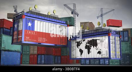 Bandiere del Cile e mappa mondiale sui container cargo - concetto di commercio internazionale - illustrazione 3D. Foto Stock
