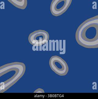 Un design astratto caratterizzato da varie forme ovali in sfumature di grigio, sparse su uno sfondo blu profondo, che crea un contrasto visivo dinamico. Un motivo circolare con sfondo blu scuro con numerose forme ad anello di colore chiaro distribuite uniformemente sulla superficie. Arte classica con un tocco moderno reinventata da Artotop, tessuti francesi trasformati, prima metà del XIX secolo, arte classica con un tocco moderno reinventata da Artotop Foto Stock