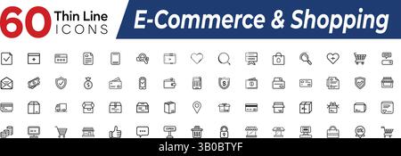 Set completo di 60 icone Web Thin Line moderne per e-Commerce, shopping online, servizi di consegna, negozi al dettaglio e marketing digitale. Il vettoriale Illustrazione Vettoriale