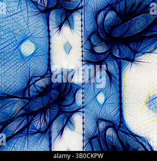 Un primo piano astratto che mostra una serie di linee e forme intricate, evocando un senso di profondità e consistenza con una vivace tonalità blu. I motivi appaiono interconnessi, ricordano fili delicati o forme organiche. Un design circolare caratterizzato da intricati motivi floreali blu intervallati da forme simili a diamanti su uno sfondo testurizzato, creando un contrasto visivo sorprendente. Arte classica con un tocco moderno reinventata da Artotop, tessuti francesi trasformati, prima metà del XIX secolo, arte classica con un tocco moderno reinventata da Artotop Foto Stock