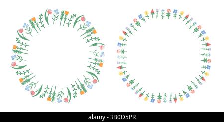 Grazioso set di cornici rotonde floreali. Piccoli fiori semplici Illustrazione Vettoriale