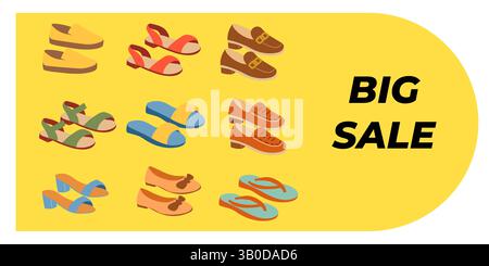 Banner di grande vendita con scarpe. Banner sconto. Negozio di scarpe Illustrazione Vettoriale