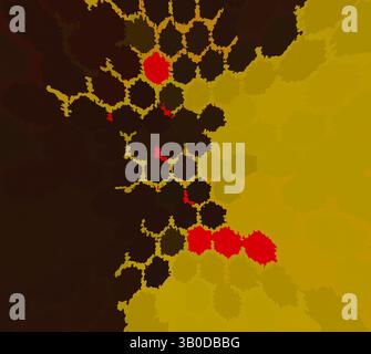 Una composizione astratta caratterizzata da una rete di forme interconnesse in vivaci tonalità di giallo, rosso e marrone intenso, che creano un'interazione dinamica di colore e forma. Un design circolare caratterizzato da un vibrante mix di colori disposti in un motivo geometrico, simile a un mosaico con forme esagonali. La composizione include tonalità calde di rosso e arancione, insieme a verdi e marroni terrosi, creando un intrigante contrasto visivo. Arte classica con un tocco moderno reinventata da Artotop, tessuti francesi trasformati, prima metà del XIX secolo, arte classica con un tocco moderno reinventata da Artotop Foto Stock