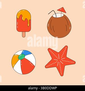 Set di elementi estivi. Gelato, stella, cocco, palla Illustrazione Vettoriale