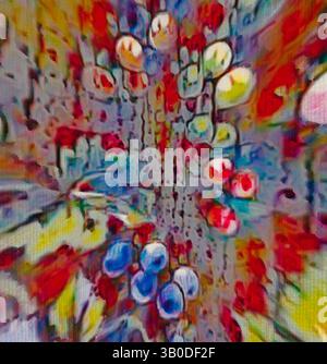 Un'esplosione astratta di colori e forme che suggerisce un gioco dinamico di luce e forma, con rossi, blu e gialli vibranti che creano un senso di movimento e profondità. Un design circolare caratterizzato da vivaci grappoli di uva intrecciati con foglie lussureggianti, creando un ricco arazzo di colori e motivi. L'effetto complessivo evoca un senso di abbondanza e la bellezza della natura. Arte classica con un tocco moderno reinventata da Artotop, tessuti francesi trasformati, prima metà del XIX secolo, arte classica con un tocco moderno reinventata da Artotop Foto Stock