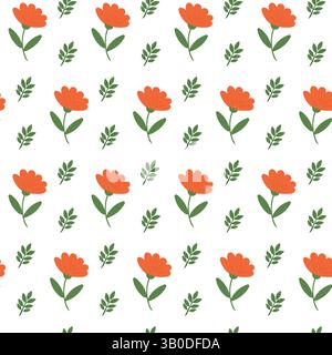 Piacevole motivo floreale senza cuciture. Fiori rossi semplici e foglie verdi. Illustrazione Vettoriale