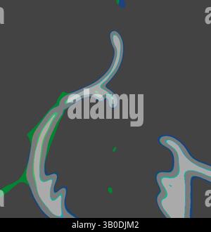 Una composizione astratta caratterizzata da forme fluide e colori vibranti e contrastanti che creano un senso di movimento e dinamismo in tutto lo spazio. L'interazione di linee e curve aggiunge profondità e fascino al design generale. Una rappresentazione stilizzata di un pianeta, caratterizzata da intricati motivi e colori che evocano terreni montuosi, corsi d'acqua e aree lussureggianti sulla sua superficie. Il design suggerisce un paesaggio surreale brulicante di vita e complessità. Arte classica con un tocco moderno reinventata da Artotop, tessuti francesi trasformati, prima metà del diciannovesimo secolo, arte classica con un Foto Stock