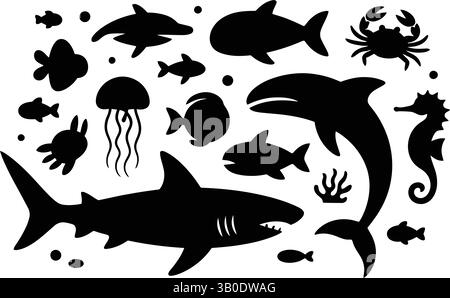 Marine Life sagoma il set vettoriale Ocean Animals Illustrazione Vettoriale