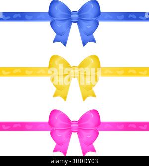 Fiocchi lucidi in raso con nastri vivaci nei toni dell'acido blu, giallo e rosa. Set vettoriale lucido per scatole regalo, decorazioni natalizie, feste per bambini, saldi Illustrazione Vettoriale