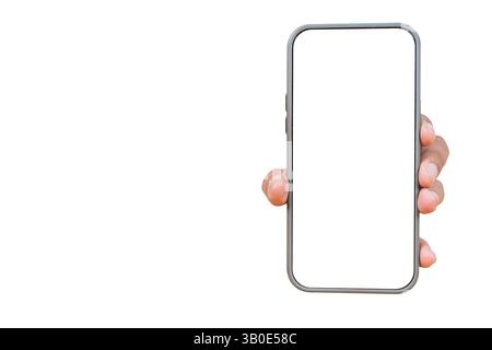 Primo piano di Man Hand che tiene lo smartphone su sfondo bianco, mano ritagliata utilizzando lo smartphone sullo sfondo bianco - foto di scorta. Tracciato di ritaglio. Foto Stock