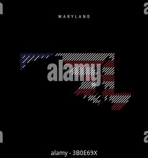 Mappa della silhouette tratteggiata dello stato del Maryland con linee parallele inclinate nei colori della bandiera americana, mappa stilizzata testurizzata. illustrazione iso Foto Stock