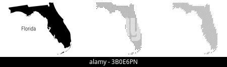 Mappa dettagliata della silhouette della Florida, motivo tratteggiato e motivo linee parallele inclinate, mappa stilizzata con trama. illustrazione isolata su bianco. Foto Stock