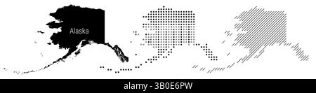 Mappa dettagliata della silhouette dell'Alaska, motivo tratteggiato e linee parallele inclinate, mappa stilizzata con trama. illustrazione isolata su bianco. Foto Stock