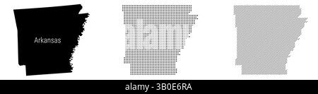 Mappa dettagliata della silhouette dell'Arkansas, motivo tratteggiato e motivo linee parallele inclinate, mappa stilizzata testurizzata. illustrazione isolata su bianco. Foto Stock