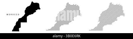 Mappa dettagliata della silhouette del Marocco, motivo tratteggiato e motivo con linee parallele inclinate. Mappa stilizzata marocchina. illustrazione isolata su bianco. Foto Stock