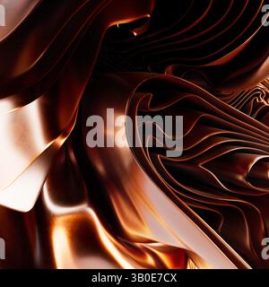 sfondo moderno in rame astratto, nastri piegati macro, carta da parati alla moda con strati ondulati e volant. rendering 3d. Illustrazione di alta qualità Foto Stock