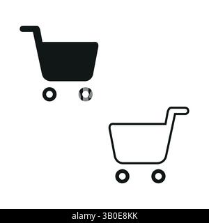 due semplici icone del carrello, una riempita e una delineata, che rappresentano lo shopping online, l'e-commerce, il negozio o il concetto di acquisto in un appartamento pulito Illustrazione Vettoriale