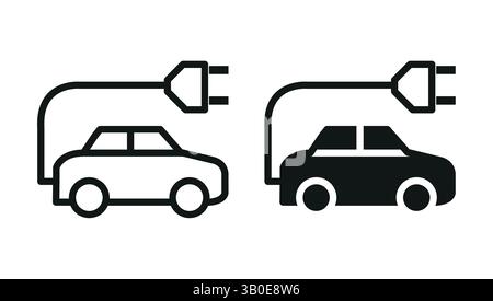 due semplici icone vettoriali di auto elettriche con spine di ricarica, una delineata e una riempita, che rappresentano trasporti ecologici ed energia verde Illustrazione Vettoriale
