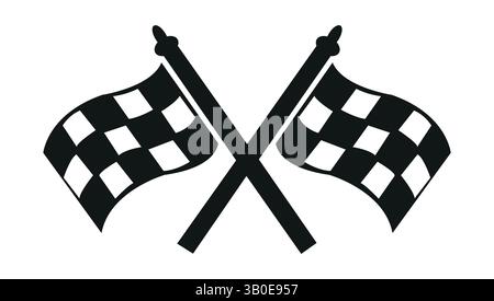 icona delle bandiere a scacchi incrociati in bianco e nero su sfondo bianco che simboleggia il traguardo, la vittoria delle corse, la competizione sportiva e l'evento di gara Illustrazione Vettoriale