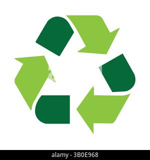 simbolo di riciclaggio semplice con frecce verdi su sfondo bianco che mostrano il concetto ecologico, la sostenibilità, la gestione dei rifiuti e l'ambiente Illustrazione Vettoriale