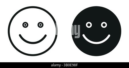 semplici icone di faccia felice, facce sorridenti in bianco e nero isolate su sfondo bianco che mostrano emozioni e sensazioni positive Illustrazione Vettoriale
