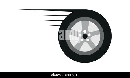 icona della ruota per auto in rapido movimento in stile piatto con linee di velocità, design semplice e moderno per concept automobilistici Illustrazione Vettoriale