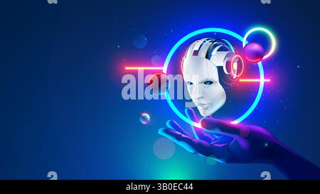 INTELLIGENZA artificiale o intelligenza artificiale sotto forma di robot testa o cyborg sopra mano umana nel cyberspazio. Cervello elettronico appeso sopra la mano del palmo. AI chat bo Illustrazione Vettoriale