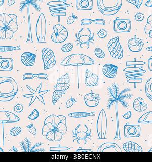 Sea LIFE Doodle disegnato a mano senza cuciture. Surf senza interruzioni Illustrazione Vettoriale