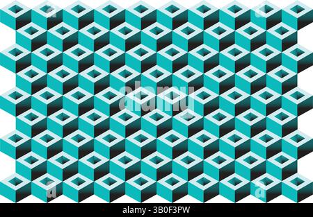 Pattern di illusione ottica geometrica composto da cubi 3D di colore verde acqua, nero e bianco disposti in un design ripetitivo e simmetrico. Illustrazione Vettoriale