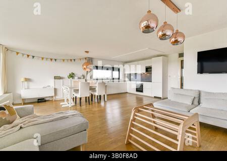 Un soggiorno spazioso e moderno con mobili eleganti, una cucina ben illuminata ed elementi di arredo eleganti che creano un'atmosfera accogliente. Foto Stock