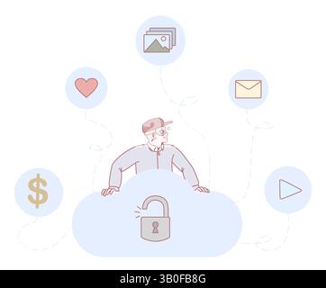 Un'illustrazione che mostra il ruolo fondamentale della sicurezza del cloud nella protezione delle informazioni e dei dati personali Illustrazione Vettoriale
