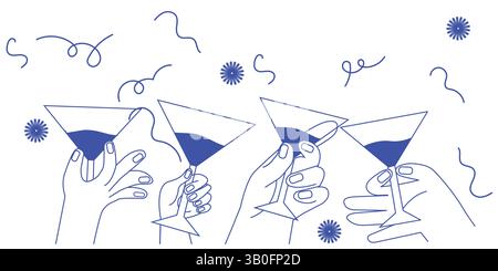 Semplice disegno minimalista in stile lineare Cartoon con le mani in mano bicchieri da vino illustrazione vettoriale - Design di inviti per feste e feste Illustrazione Vettoriale