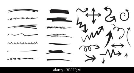 Set di elementi vettoriali frecce e linee traccia pennello disegnate a mano. Sottolineature di schizzo, Swirls, Zigzag e frecce direzionali. Illustrazione vettoriale Illustrazione Vettoriale