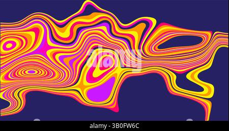 Sfondo astratto dell'illustrazione vettoriale con linee vibranti e vorticose in giallo, rosa e viola sullo sfondo blu intenso Illustrazione Vettoriale