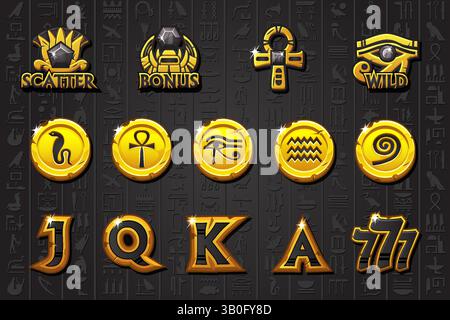 Simboli di slot nero-dorato dell'Egitto. Set di cartoni animati di antiche monete egiziane isolate su sfondo scuro. Soldi d'oro, occhio di Horus, loto, scarabeo o.. Illustrazione Vettoriale