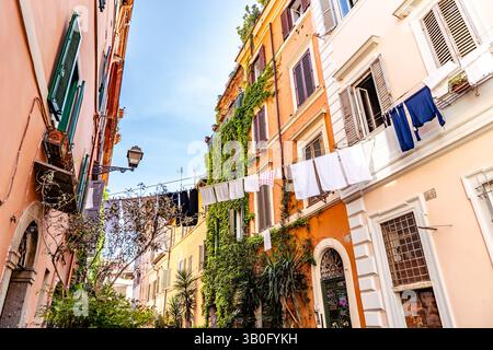 Vista pittoresca dell'area di Trastevere con edifici ricoperti di edera, case residenziali e lavanderia appesi su una linea in un affascinante vicolo di Roma, Italia Foto Stock