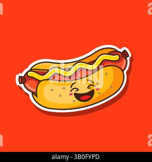 Illustrazione vettoriale del cartone animato di design della mascotte dei personaggi di hotdog kawaii Illustrazione Vettoriale