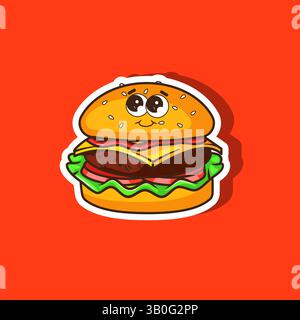 Illustrazione Burger carino personaggio kawaii mascotte design dei cartoni animati Illustrazione Vettoriale