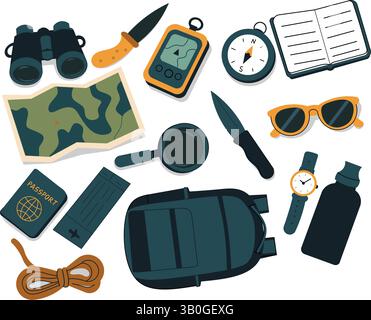 Illustrazione del vettore Flat Lay di Explorer Travel Essentials - equipaggiamento da avventura e accessori per esterni Illustrazione Vettoriale