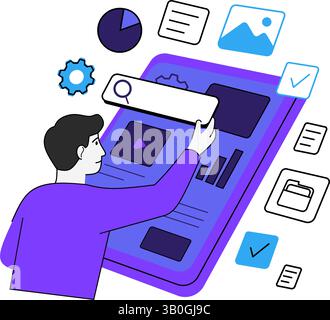 Uomo che interagisce con elementi dell'interfaccia utente mobile, illustrazione del vettore piatto per la progettazione di app o concetto UX. Uomo che progetta l'interfaccia utente/UX mobile su touchscreen. Illustrazione Vettoriale