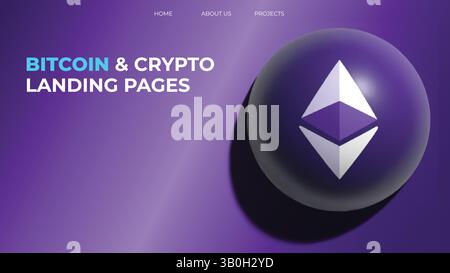 Design di landing page Bitcoin e crypto con icona Ethereum su futuristico sfondo viola sfumato Illustrazione Vettoriale